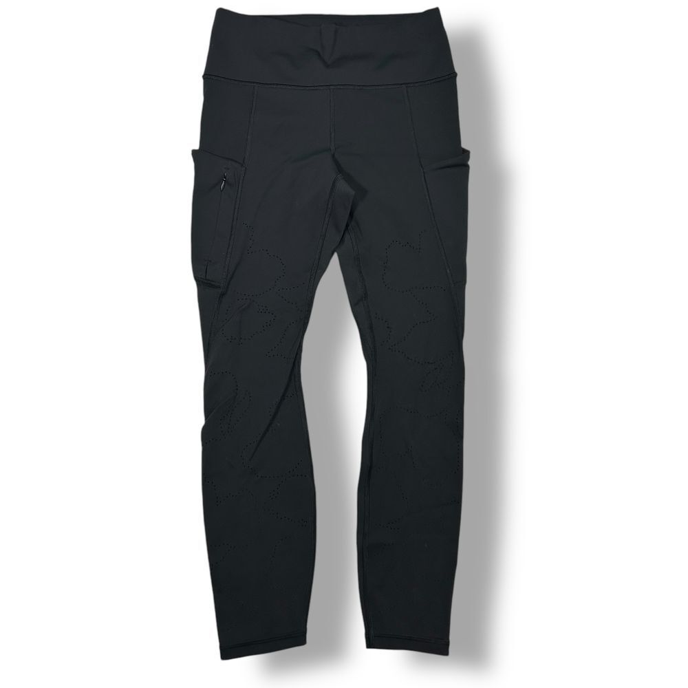 Athleta Athletic Leggings with Side Pockets & Perforated‎ Floral Design Black Sm